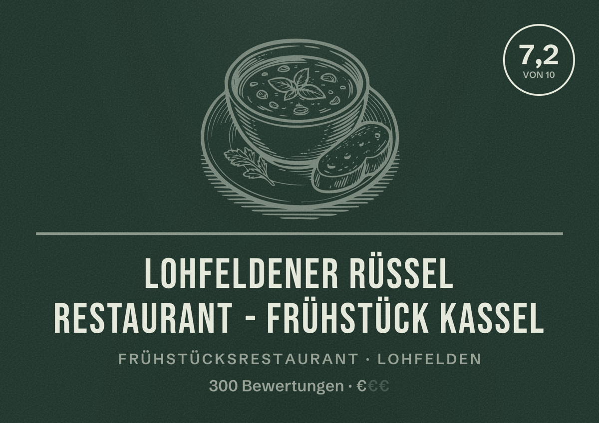 Illustriertes Poster von Lohfeldener Rüssel Restaurant - Frühstück Kassel, Frühstücksrestaurant in Lohfelden: Bewertung 7,2 von 10 aus 300 Bewertungen, Preisniveau €