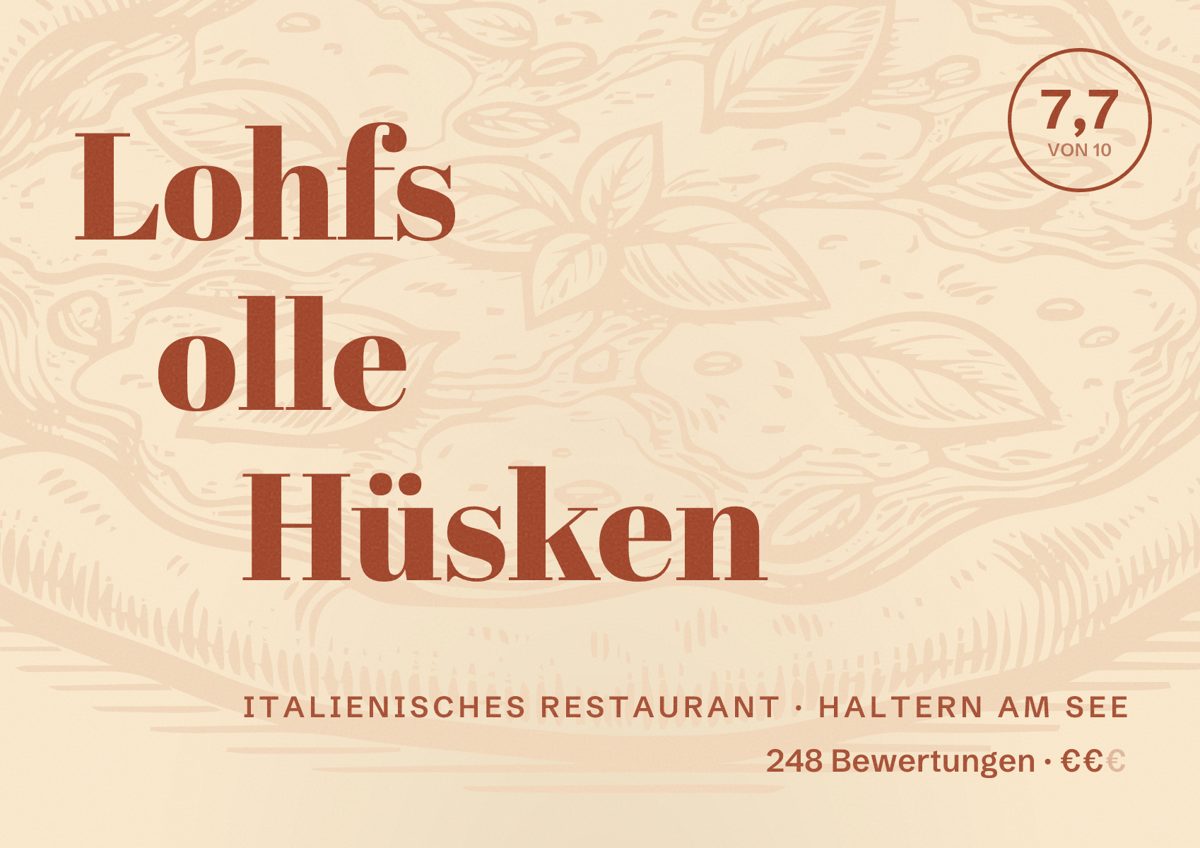 Illustriertes Poster von Lohfs olle Hüsken, Italienisches Restaurant in Haltern am See: Bewertung 7,7 von 10 aus 248 Bewertungen, Preisniveau €€