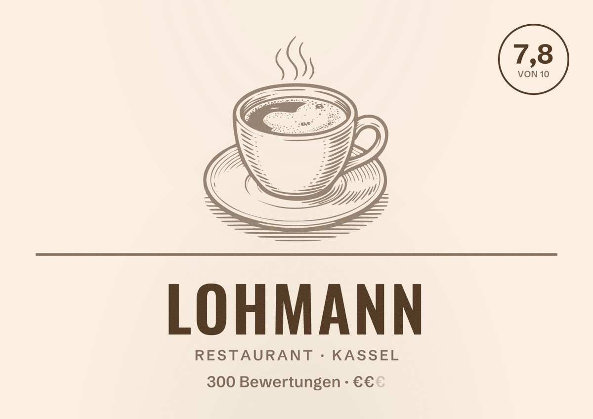 Illustriertes Poster von Lohmann, Restaurant in Kassel: Bewertung 7,8 von 10 aus 300 Bewertungen, Preisniveau €€