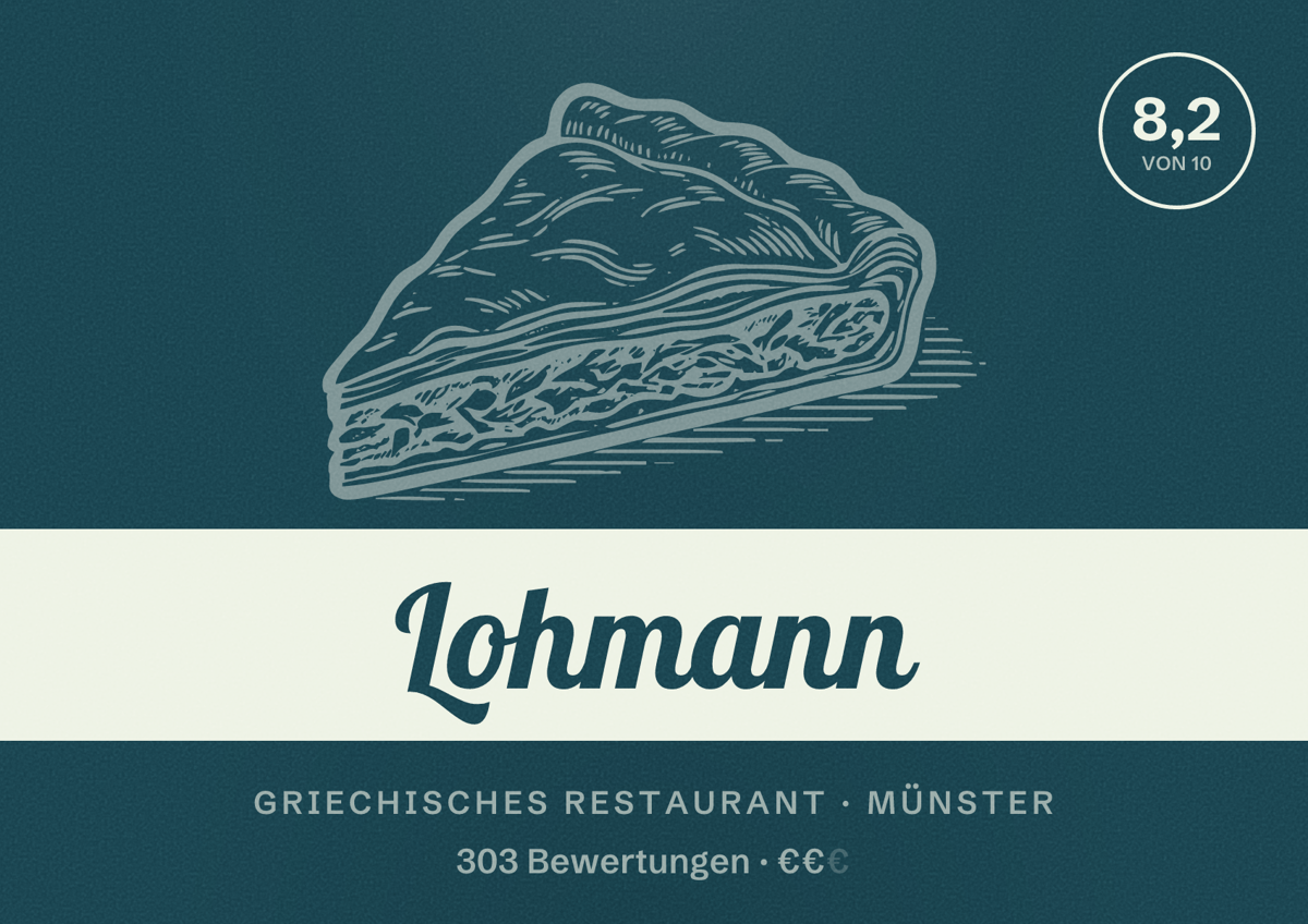 Illustriertes Poster von Lohmann, Griechisches Restaurant in Münster: Bewertung 8,2 von 10 aus 303 Bewertungen, Preisniveau €€