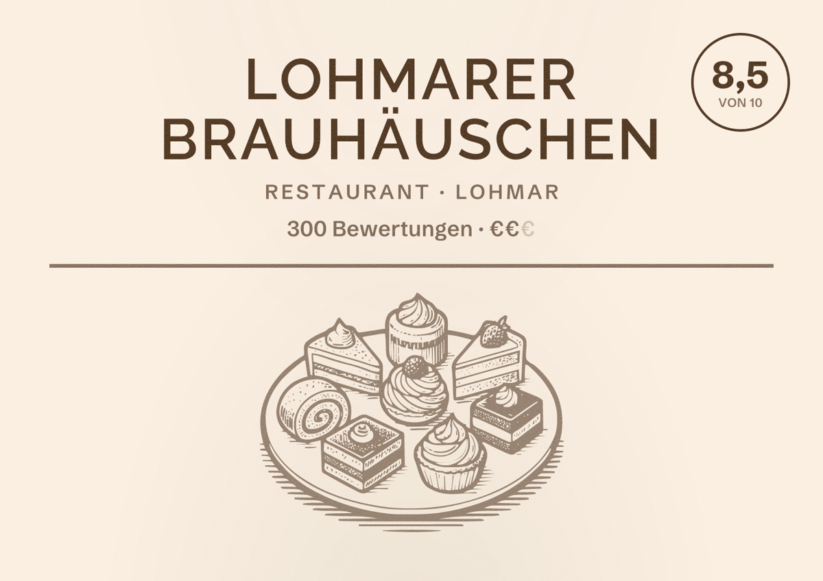 Illustriertes Poster von Lohmarer Brauhäuschen, Restaurant in Lohmar: Bewertung 8,5 von 10 aus 300 Bewertungen, Preisniveau €€