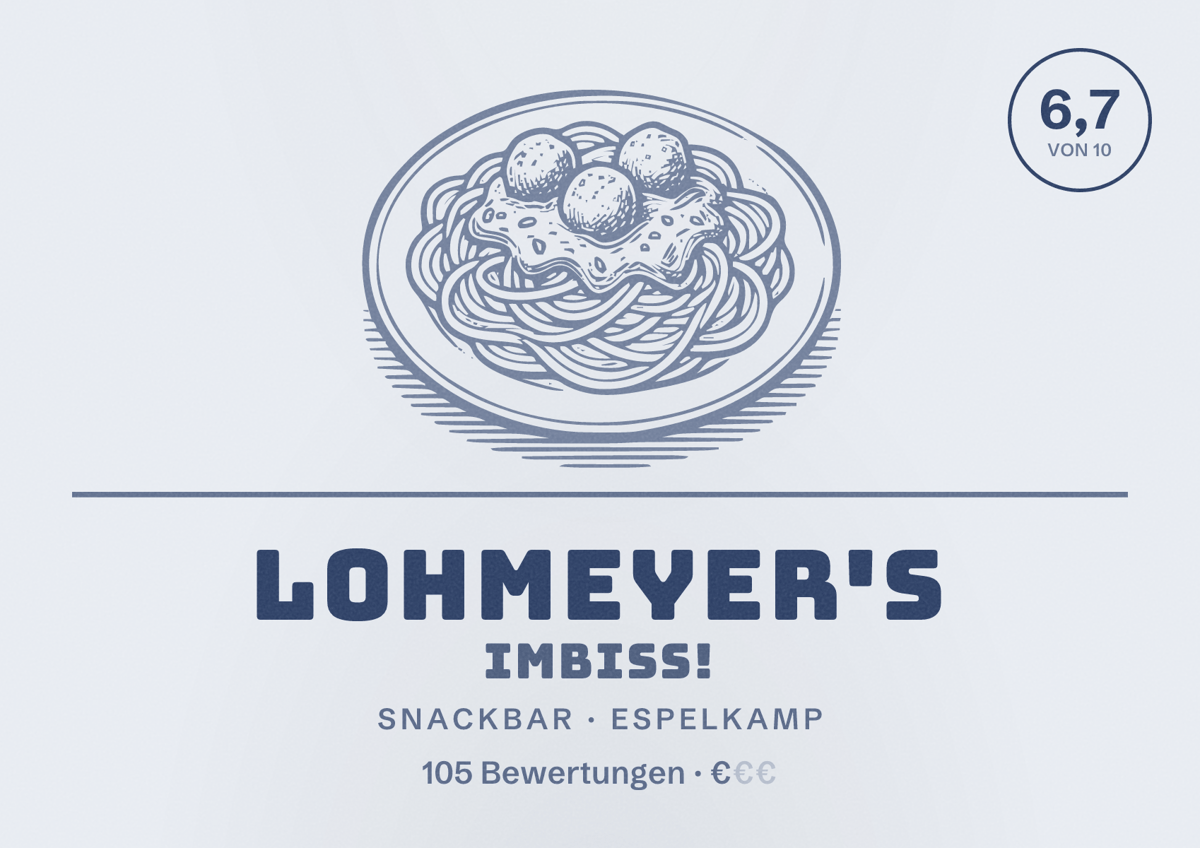 Illustriertes Poster von Lohmeyer's imBiss!, Snackbar in Espelkamp: Bewertung 6,7 von 10 aus 105 Bewertungen, Preisniveau €