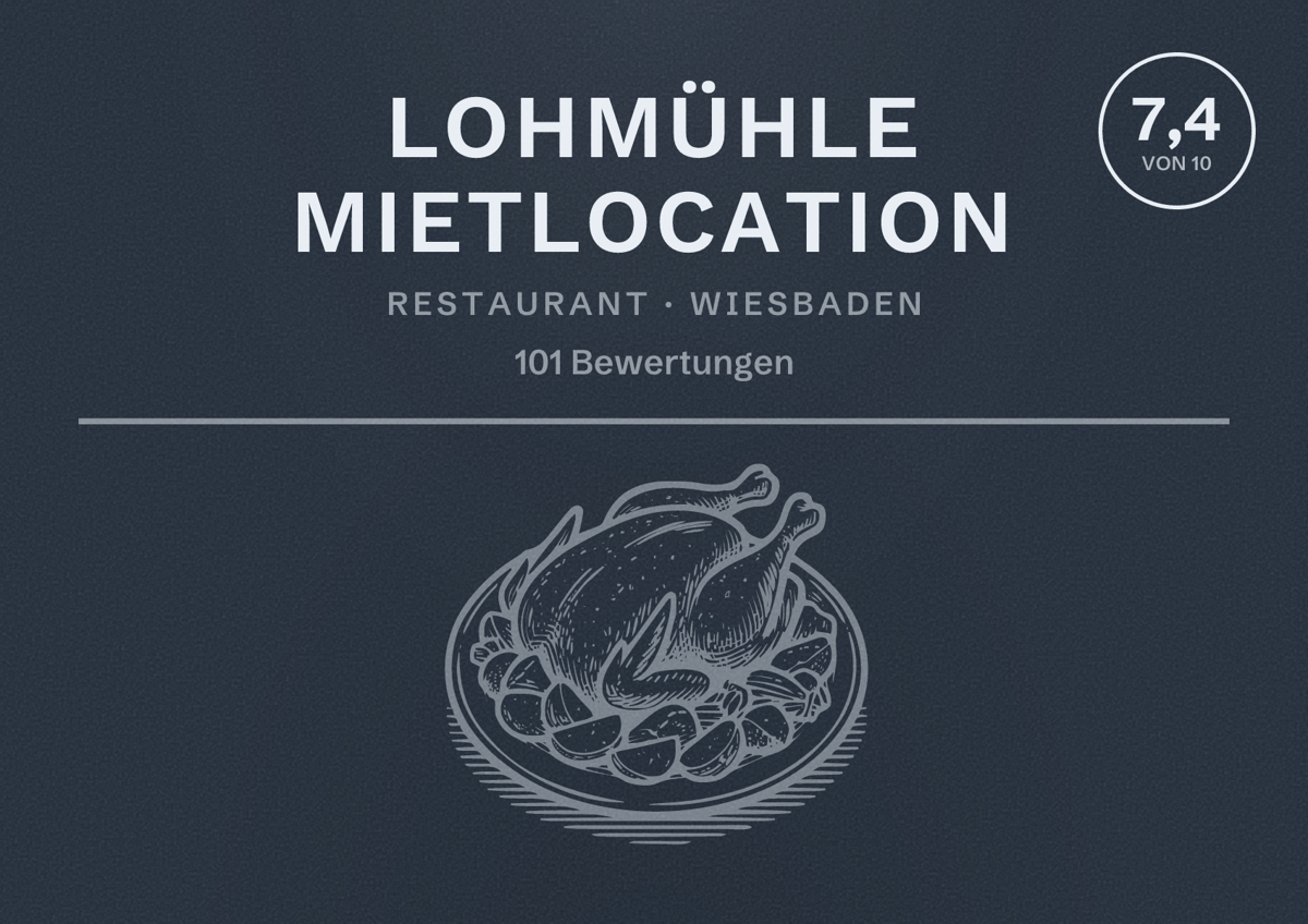 Illustriertes Poster von Lohmühle Mietlocation, Restaurant in Wiesbaden: Bewertung 7,4 von 10 aus 101 Bewertungen