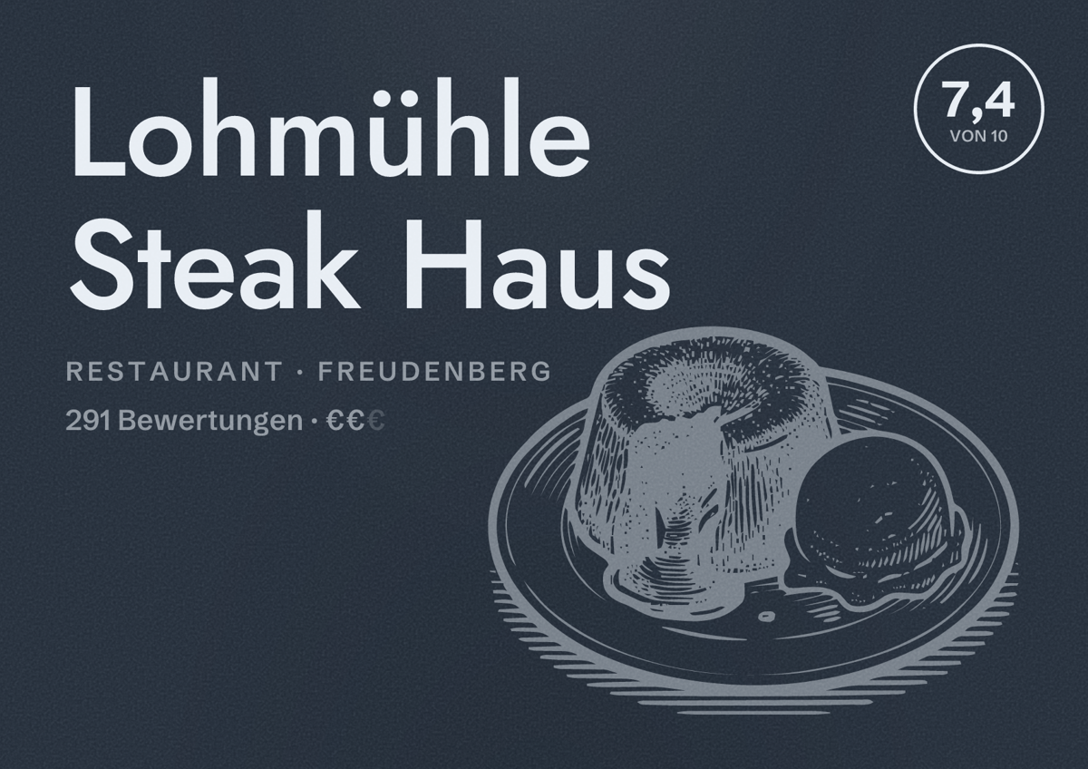 Illustriertes Poster von Lohmühle Steak Haus, Restaurant in Freudenberg: Bewertung 7,4 von 10 aus 291 Bewertungen, Preisniveau €€