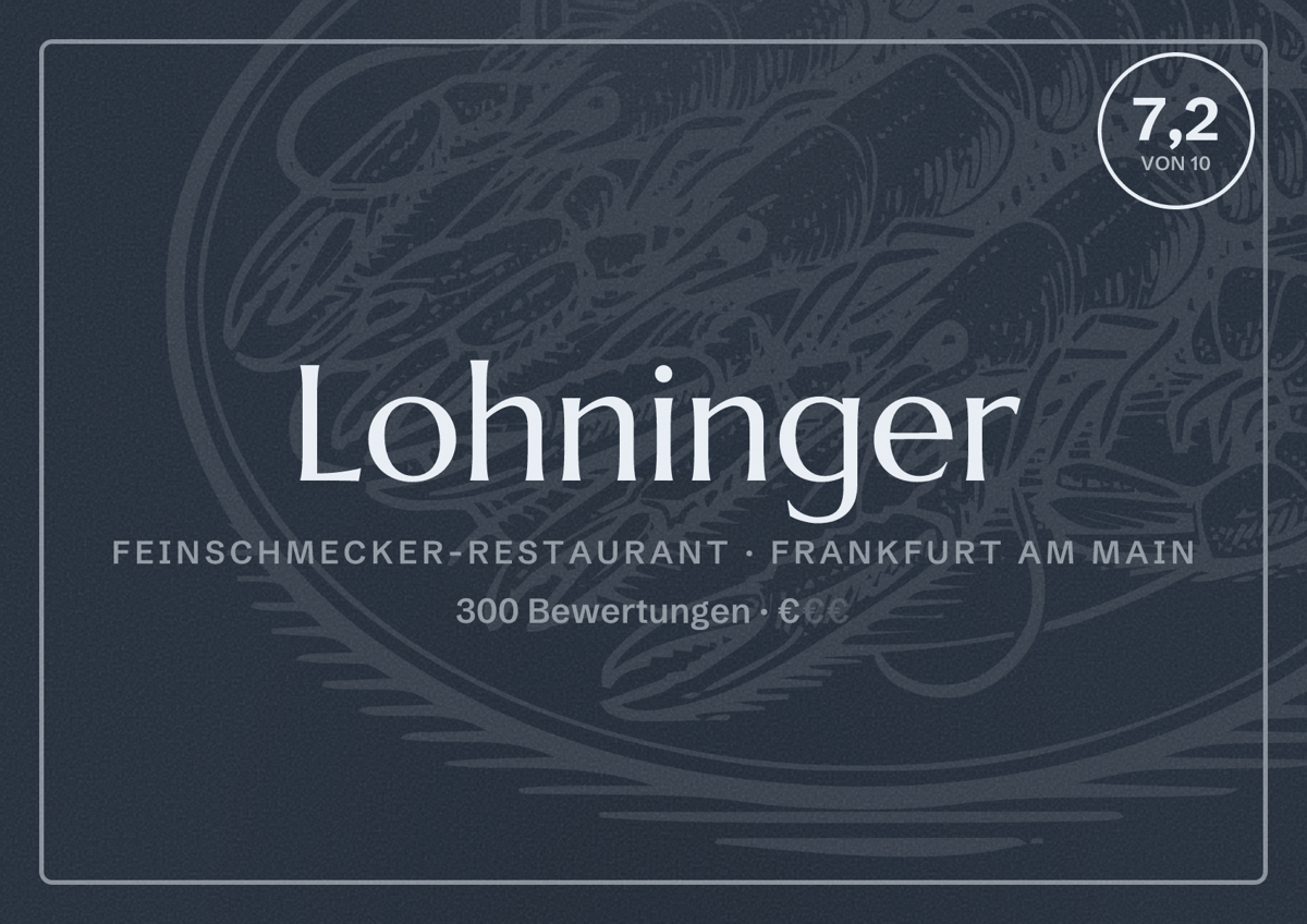 Illustriertes Poster von Lohninger, Feinschmecker-Restaurant in Frankfurt am Main: Bewertung 7,2 von 10 aus 300 Bewertungen, Preisniveau €