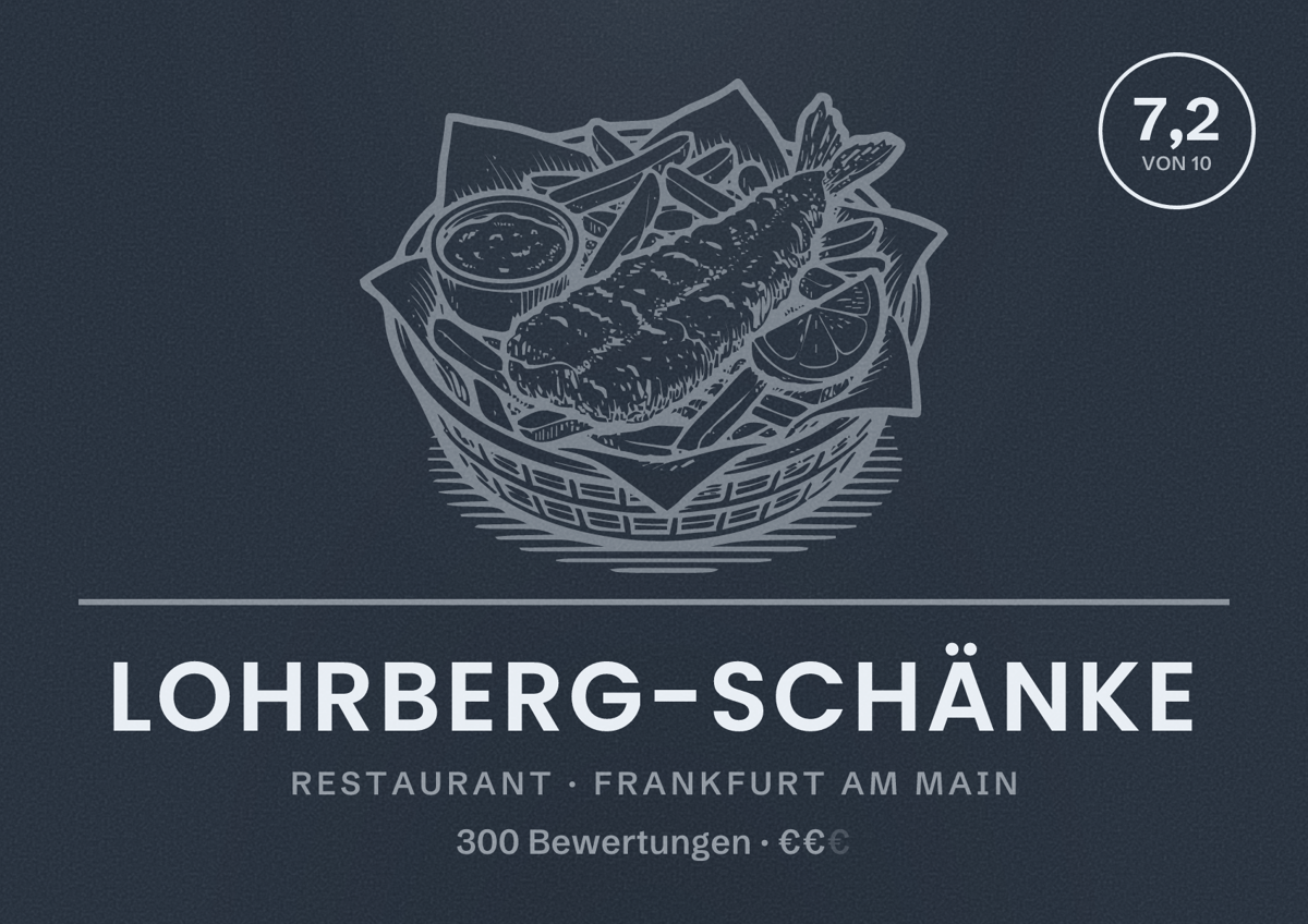 Illustriertes Poster von Lohrberg-Schänke, Restaurant in Frankfurt am Main: Bewertung 7,2 von 10 aus 300 Bewertungen, Preisniveau €€
