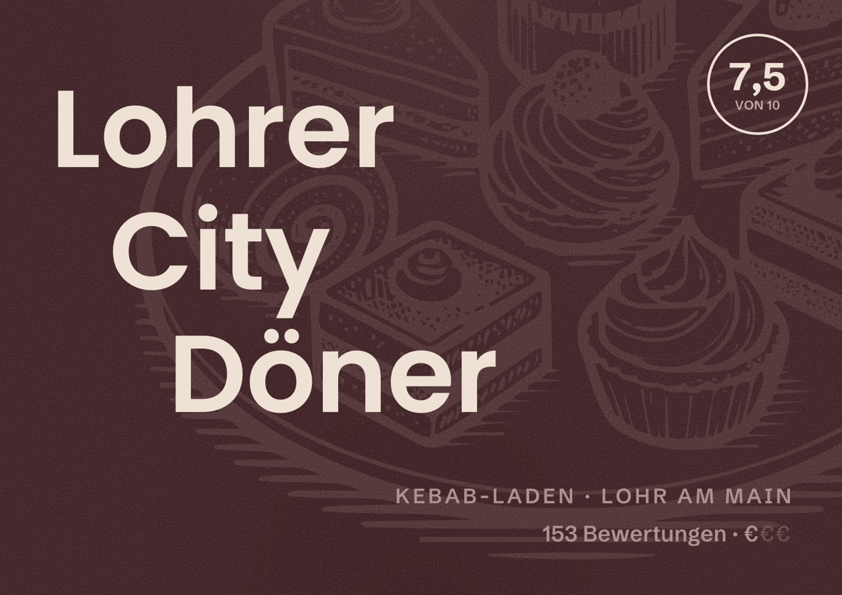 Illustriertes Poster von Lohrer City Döner, Kebab-Laden in Lohr am Main: Bewertung 7,5 von 10 aus 153 Bewertungen, Preisniveau €