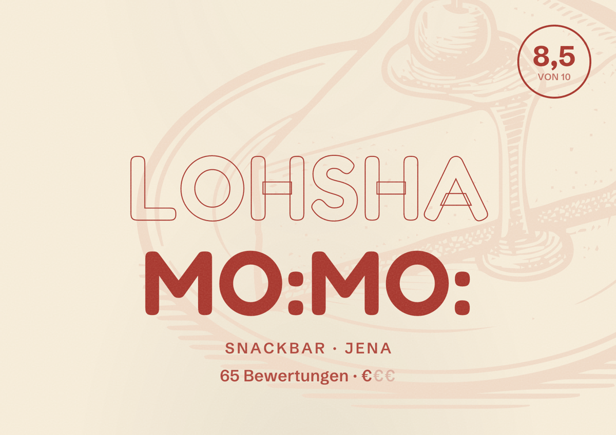 Illustriertes Poster von LohSha Mo:Mo:, Snackbar in Jena: Bewertung 8,5 von 10 aus 65 Bewertungen, Preisniveau €