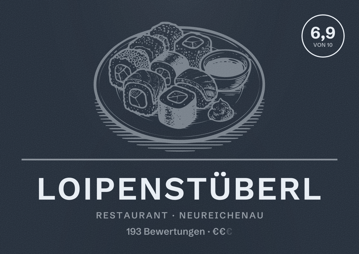 Illustriertes Poster von Loipenstüberl, Restaurant in Neureichenau: Bewertung 6,9 von 10 aus 193 Bewertungen, Preisniveau €€
