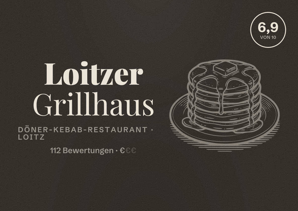 Illustriertes Poster von Loitzer Grillhaus, Döner-Kebab-Restaurant in Loitz: Bewertung 6,9 von 10 aus 112 Bewertungen, Preisniveau €