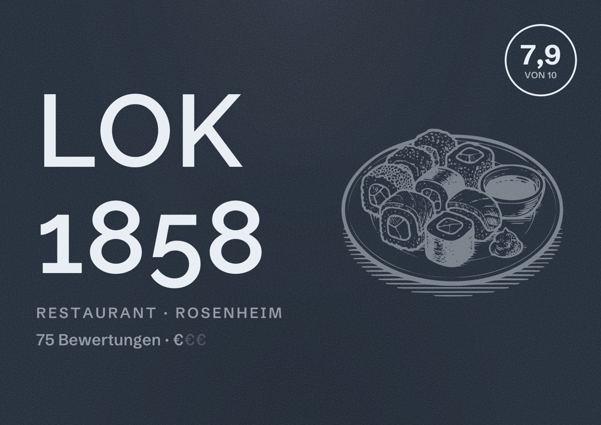 Illustriertes Poster von LOK 1858, Restaurant in Rosenheim: Bewertung 7,9 von 10 aus 75 Bewertungen, Preisniveau €
