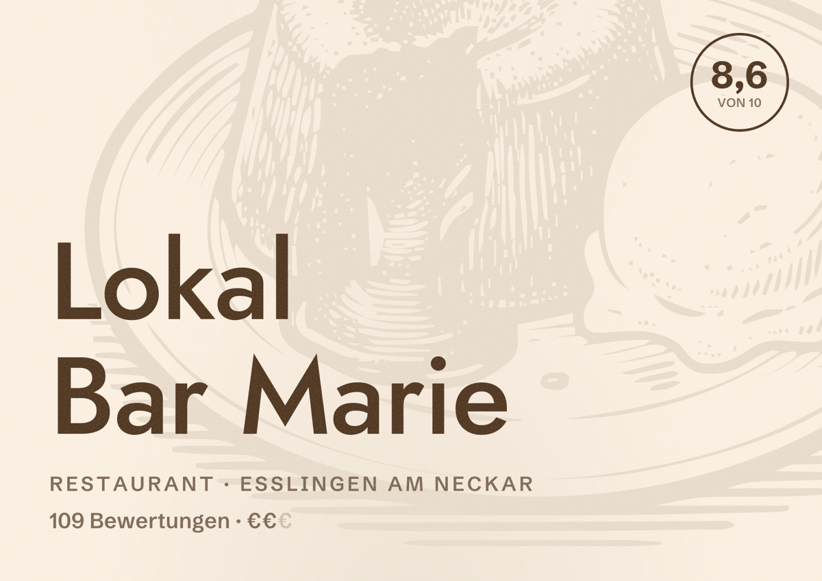 Illustriertes Poster von Lokal Bar Marie, Restaurant in Esslingen am Neckar: Bewertung 8,6 von 10 aus 109 Bewertungen, Preisniveau €€