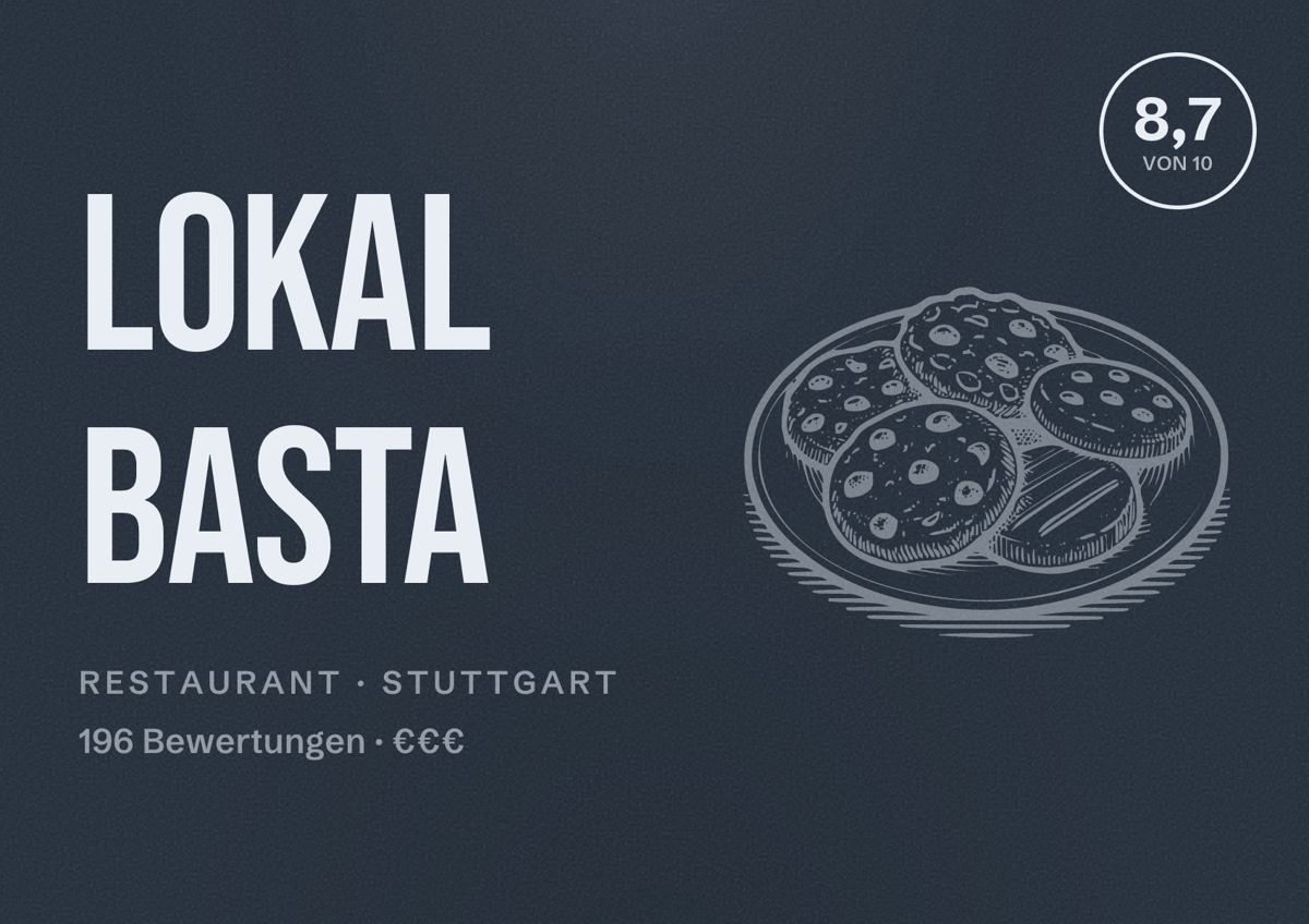 Illustriertes Poster von Lokal Basta, Restaurant in Stuttgart: Bewertung 8,7 von 10 aus 196 Bewertungen, Preisniveau €€€