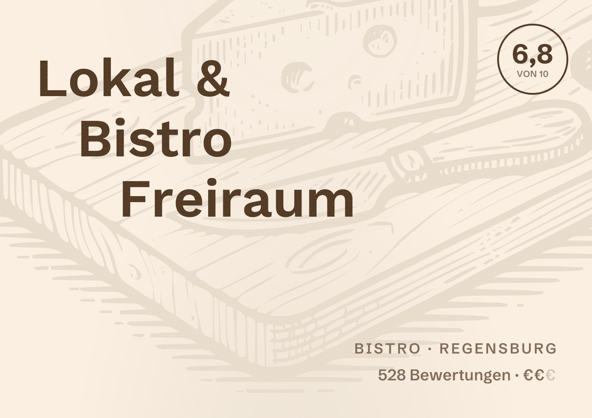 Illustriertes Poster von Lokal & Bistro Freiraum, Bistro in Regensburg: Bewertung 6,8 von 10 aus 528 Bewertungen, Preisniveau €€