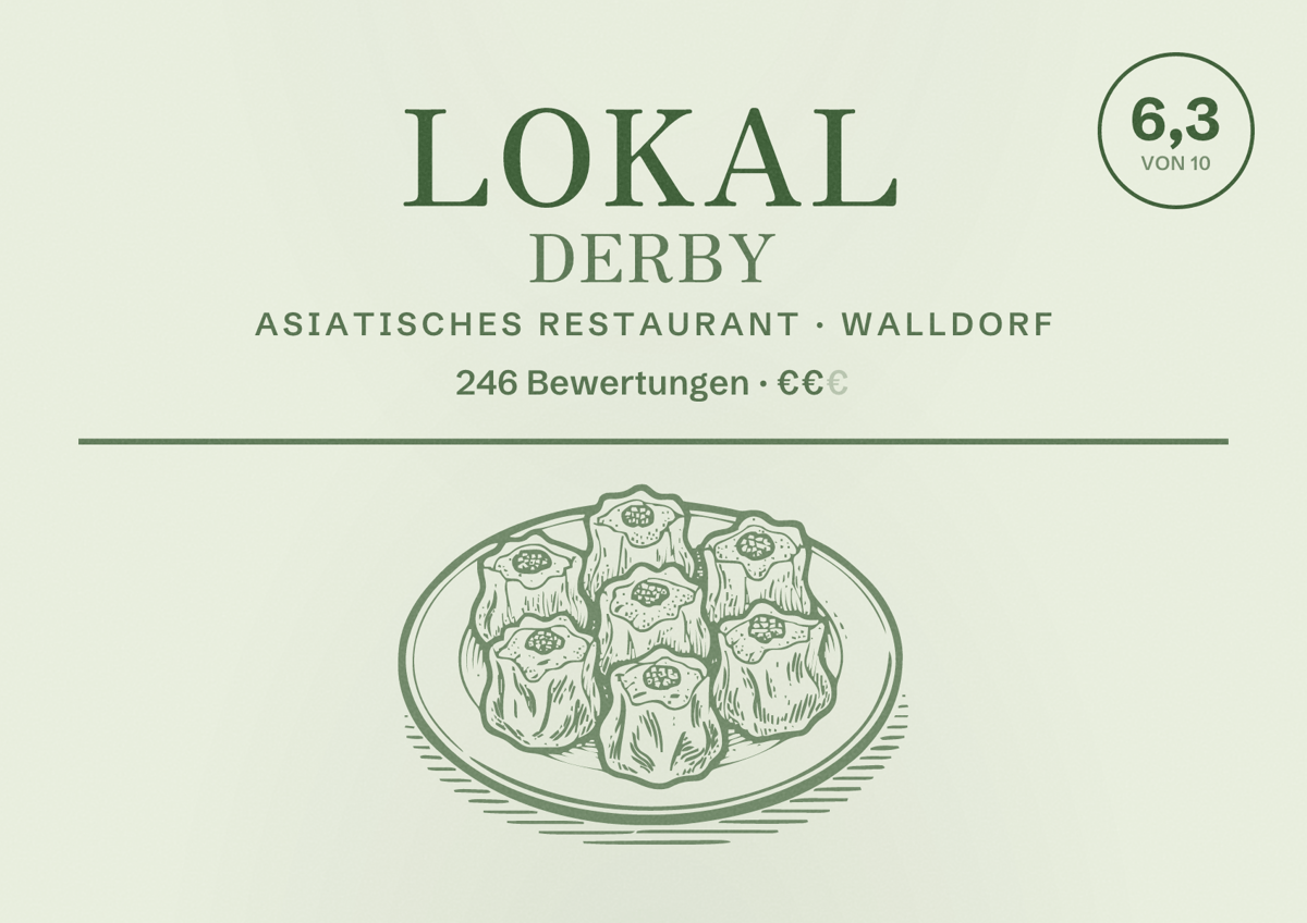 Illustriertes Poster von Lokal Derby, Asiatisches Restaurant in Walldorf: Bewertung 6,3 von 10 aus 246 Bewertungen, Preisniveau €€