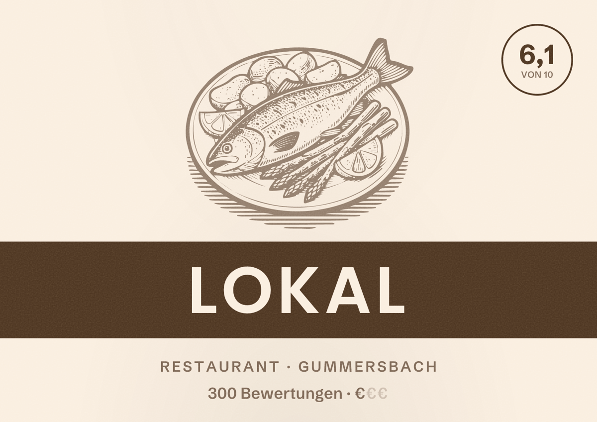 Illustriertes Poster von Lokal, Restaurant in Gummersbach: Bewertung 6,1 von 10 aus 300 Bewertungen, Preisniveau €