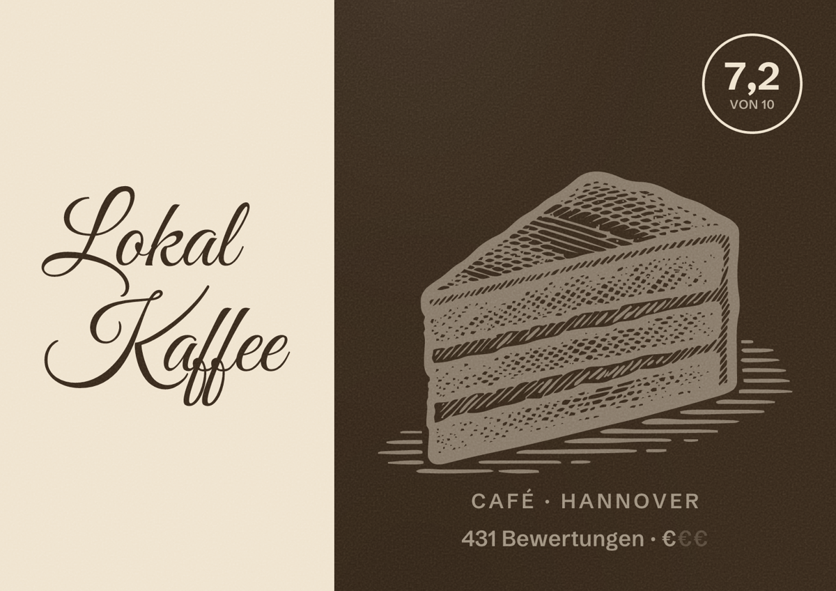 Illustriertes Poster von Lokal Kaffee, Café in Hannover: Bewertung 7,2 von 10 aus 431 Bewertungen, Preisniveau €