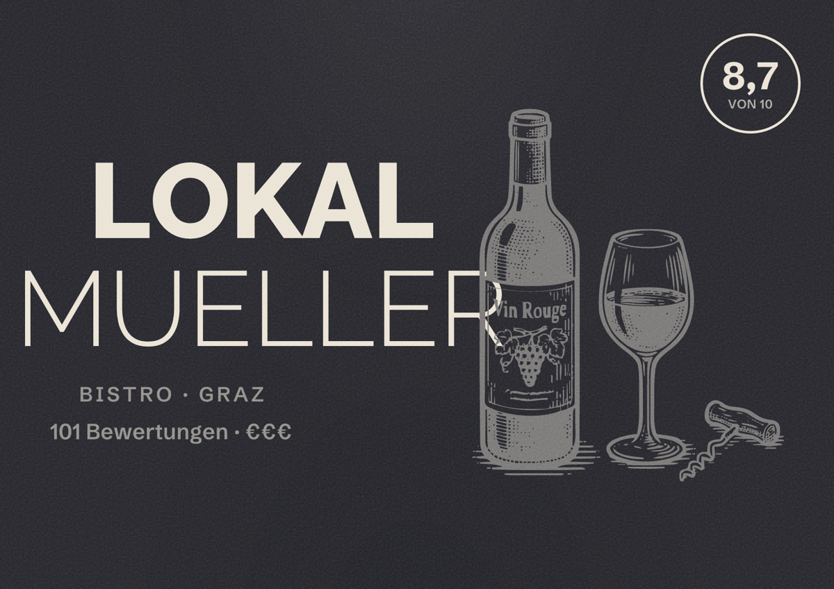 Illustriertes Poster von LOKAL MUELLER, Bistro in Graz: Bewertung 8,7 von 10 aus 101 Bewertungen, Preisniveau €€€