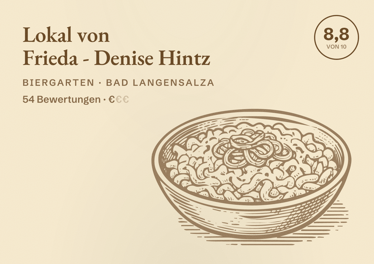 Illustriertes Poster von Lokal von Frieda - Denise Hintz, Biergarten in Bad Langensalza: Bewertung 8,8 von 10 aus 54 Bewertungen, Preisniveau €