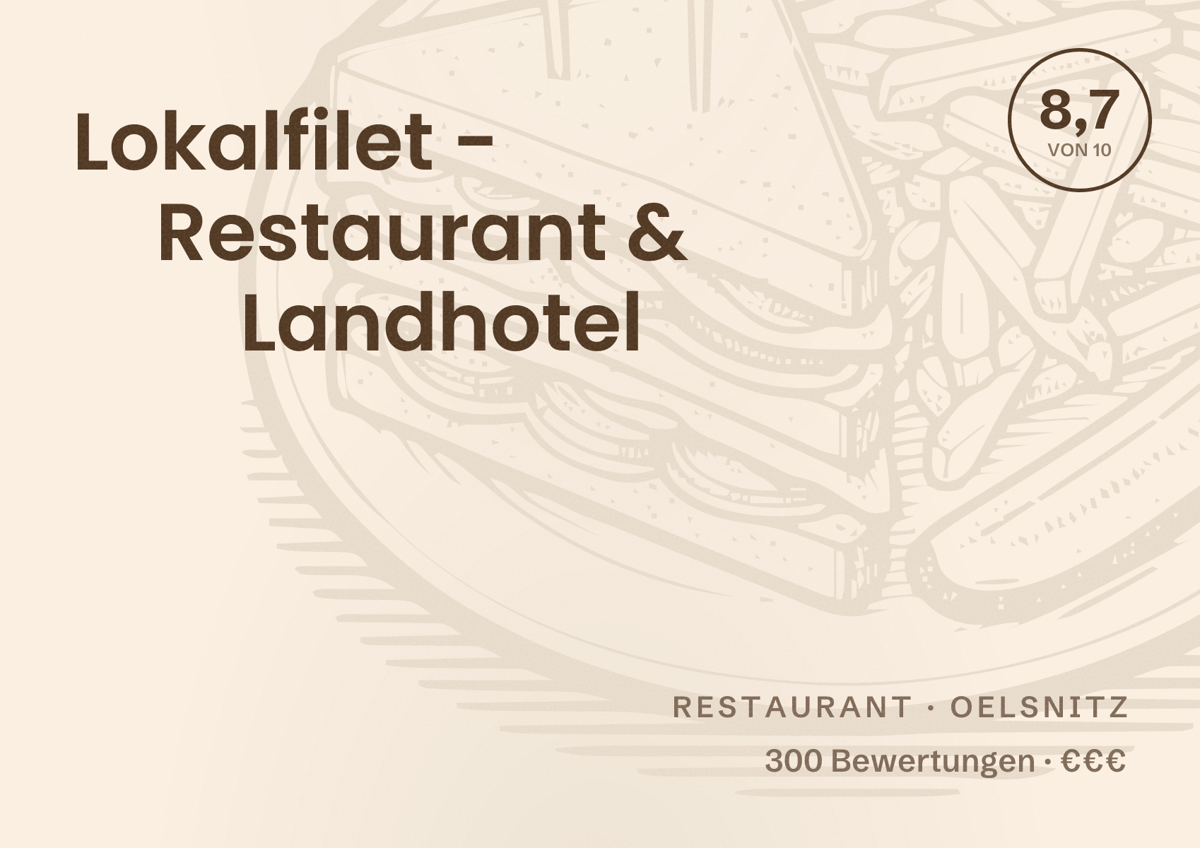 Illustriertes Poster von Lokalfilet - Restaurant & Landhotel, Restaurant in Oelsnitz: Bewertung 8,7 von 10 aus 300 Bewertungen, Preisniveau €€€