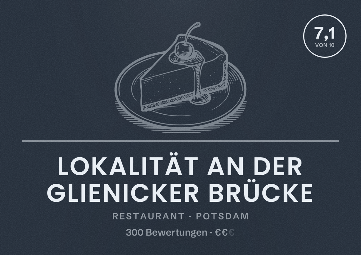 Illustriertes Poster von LOKalität an der Glienicker Brücke, Restaurant in Potsdam: Bewertung 7,1 von 10 aus 300 Bewertungen, Preisniveau €€