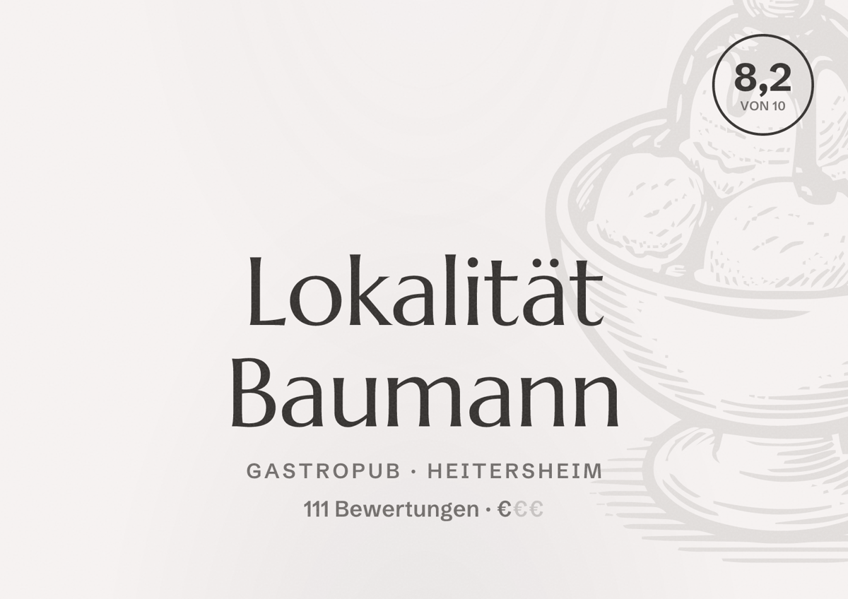 Illustriertes Poster von Lokalität Baumann, Gastropub in Heitersheim: Bewertung 8,2 von 10 aus 111 Bewertungen, Preisniveau €
