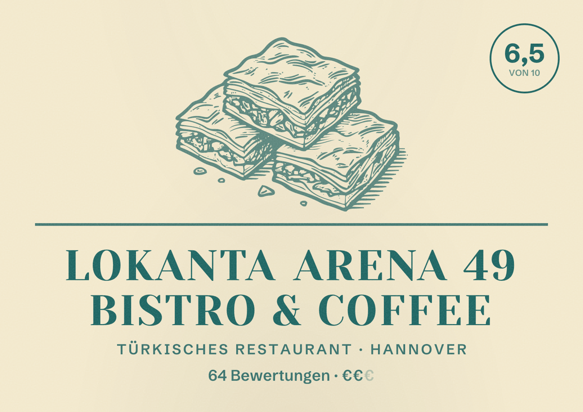 Illustriertes Poster von Lokanta Arena 49 Bistro & Coffee, Türkisches Restaurant in Hannover: Bewertung 6,5 von 10 aus 64 Bewertungen, Preisniveau €€