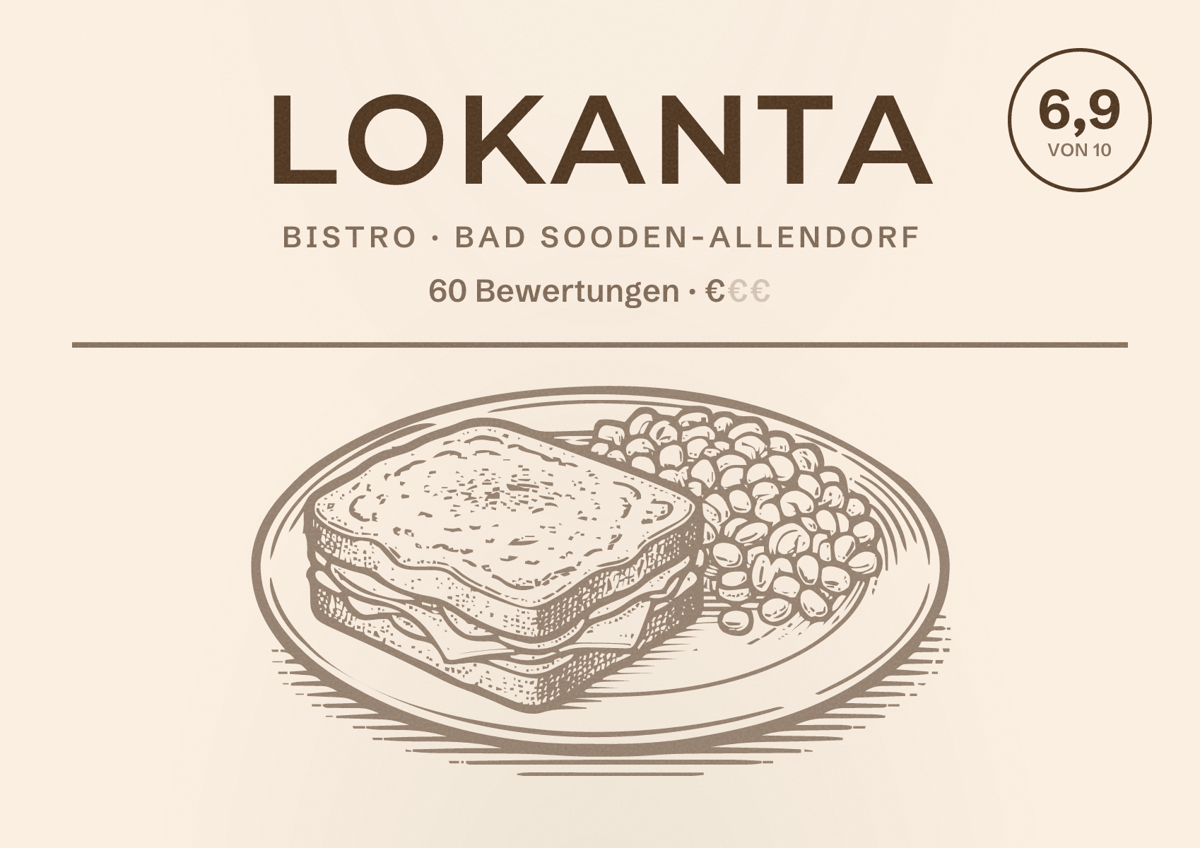 Illustriertes Poster von Lokanta, Bistro in Bad Sooden-Allendorf: Bewertung 6,9 von 10 aus 60 Bewertungen, Preisniveau €