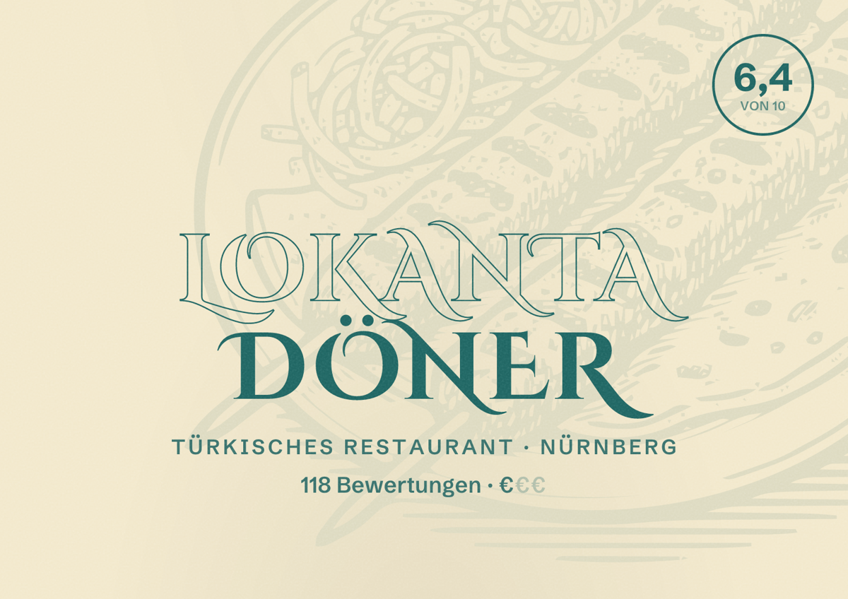 Illustriertes Poster von Lokanta Döner, Türkisches Restaurant in Nürnberg: Bewertung 6,4 von 10 aus 118 Bewertungen, Preisniveau €