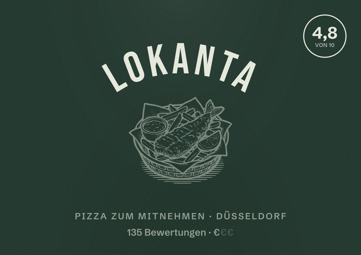 Illustriertes Poster von Lokanta, Pizza zum Mitnehmen in Düsseldorf: Bewertung 4,8 von 10 aus 135 Bewertungen, Preisniveau €