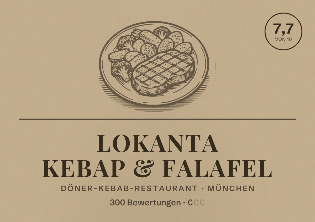 Illustriertes Poster von Lokanta Kebap & Falafel, Döner-Kebab-Restaurant in München: Bewertung 7,7 von 10 aus 300 Bewertungen, Preisniveau €