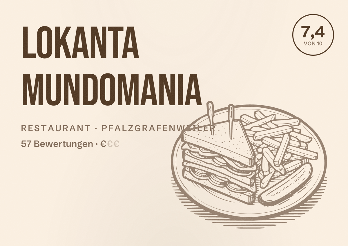Illustriertes Poster von Lokanta Mundomania, Restaurant in Pfalzgrafenweiler: Bewertung 7,4 von 10 aus 57 Bewertungen, Preisniveau €