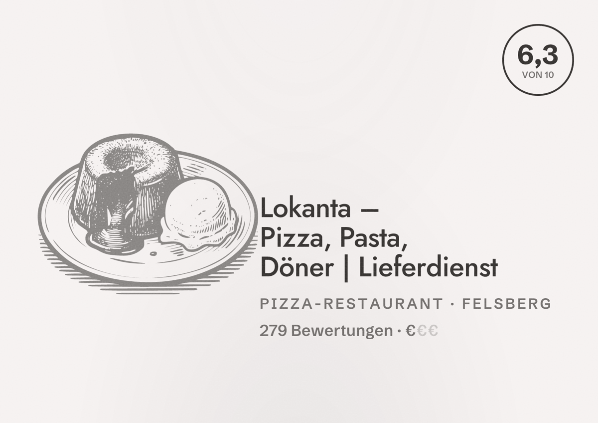 Illustriertes Poster von Lokanta – Pizza, Pasta, Döner | Lieferdienst, Pizza-Restaurant in Felsberg: Bewertung 6,3 von 10 aus 279 Bewertungen, Preisniveau €