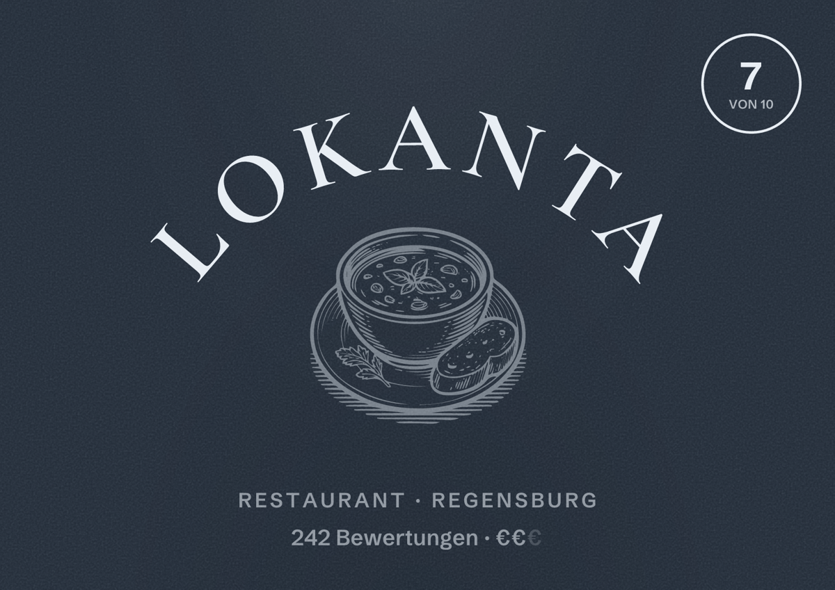 Illustriertes Poster von Lokanta, Restaurant in Regensburg: Bewertung 7,0 von 10 aus 242 Bewertungen, Preisniveau €€