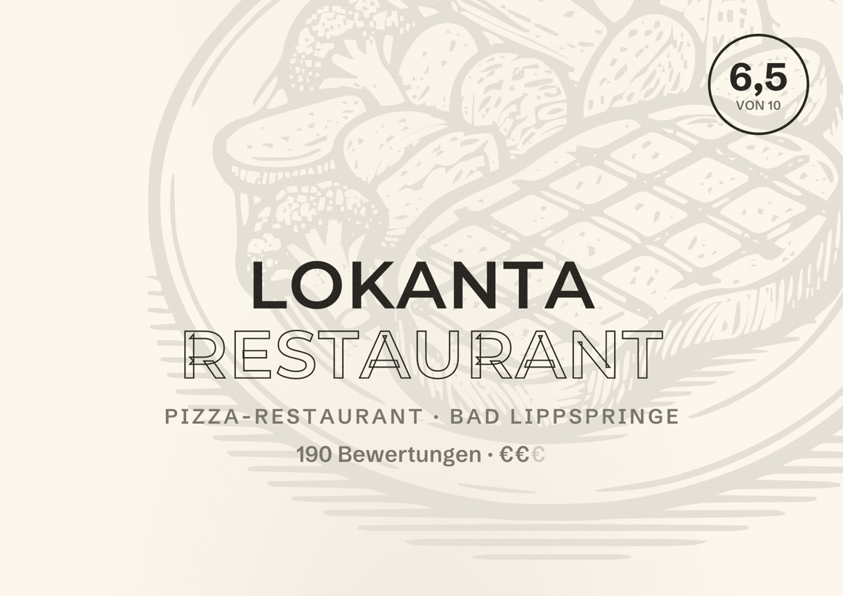 Illustriertes Poster von Lokanta Restaurant, Pizza-Restaurant in Bad Lippspringe: Bewertung 6,5 von 10 aus 190 Bewertungen, Preisniveau €€