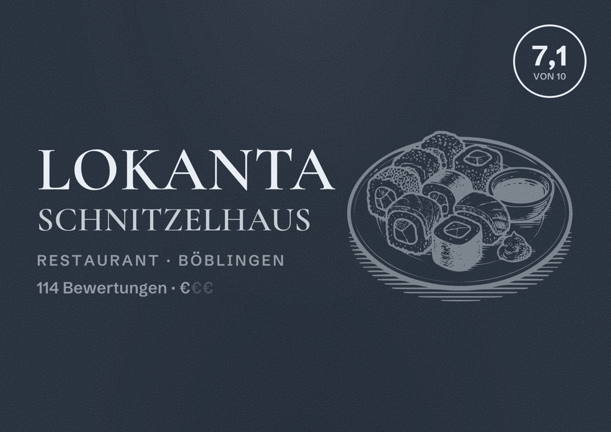 Illustriertes Poster von Lokanta Schnitzelhaus, Restaurant in Böblingen: Bewertung 7,1 von 10 aus 114 Bewertungen, Preisniveau €