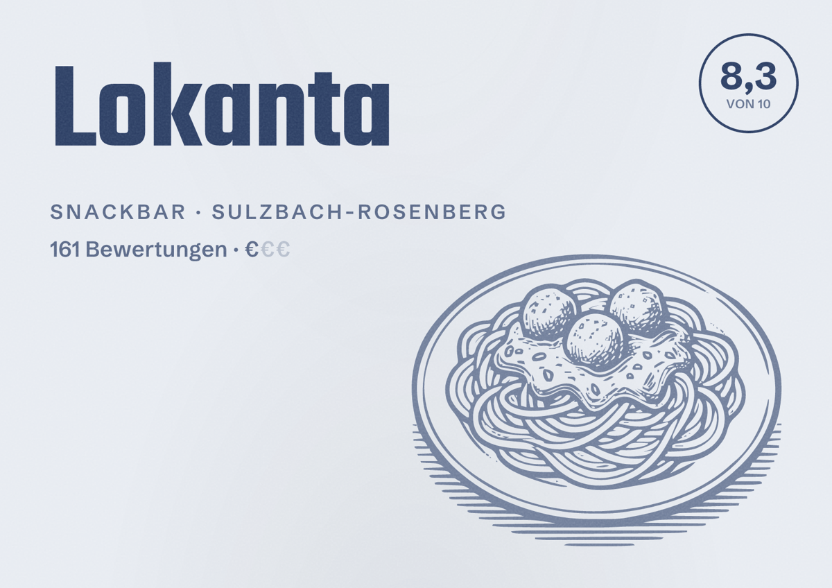 Illustriertes Poster von Lokanta, Snackbar in Sulzbach-Rosenberg: Bewertung 8,3 von 10 aus 161 Bewertungen, Preisniveau €