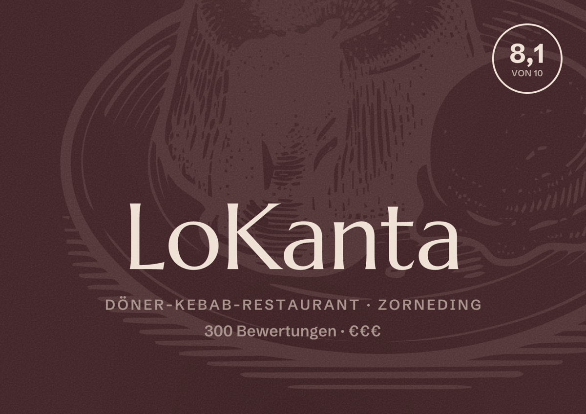 Illustriertes Poster von LoKanta, Döner-Kebab-Restaurant in Zorneding: Bewertung 8,1 von 10 aus 300 Bewertungen, Preisniveau €€€