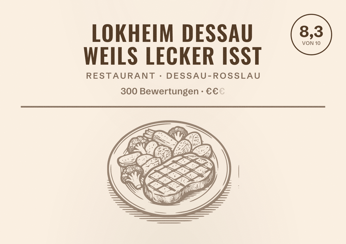Illustriertes Poster von LOKHEIM DESSAU Weils lecker isst, Restaurant in Dessau-Roßlau: Bewertung 8,3 von 10 aus 300 Bewertungen, Preisniveau €€