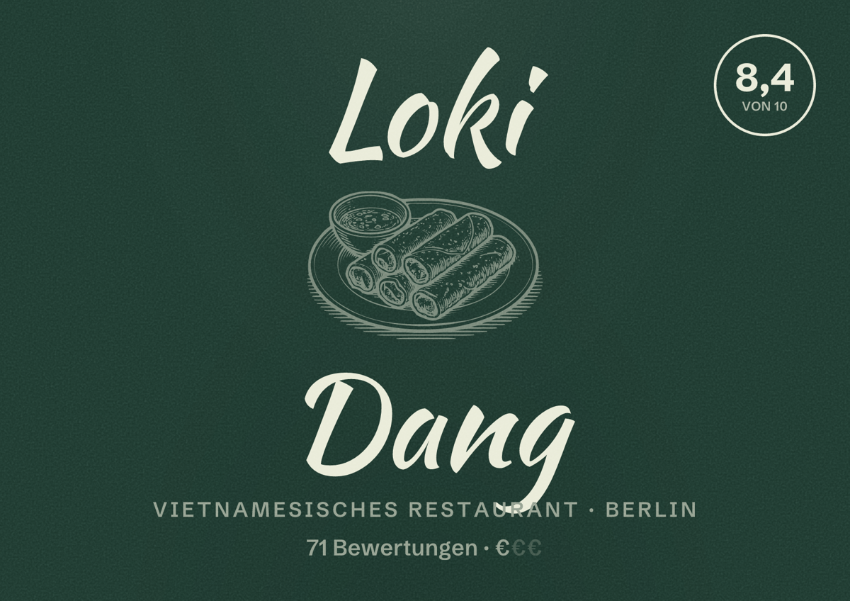 Illustriertes Poster von Loki Dang, Vietnamesisches Restaurant in Berlin: Bewertung 8,4 von 10 aus 71 Bewertungen, Preisniveau €