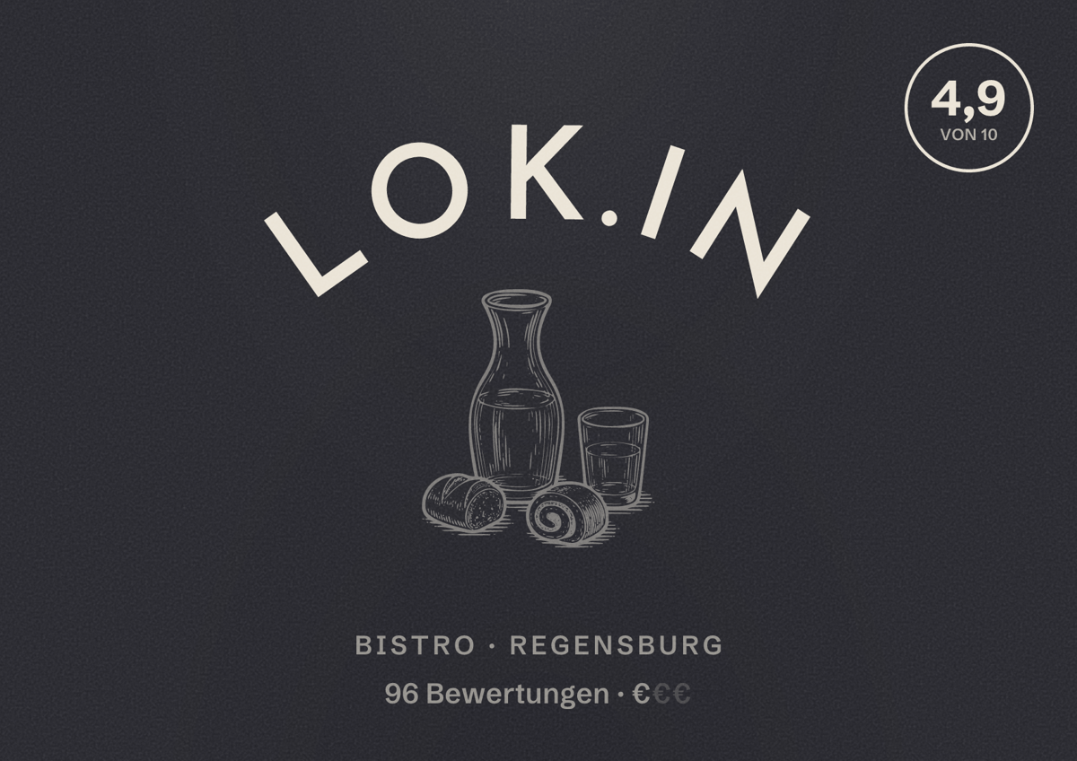 Illustriertes Poster von Lok.in, Bistro in Regensburg: Bewertung 4,9 von 10 aus 96 Bewertungen, Preisniveau €