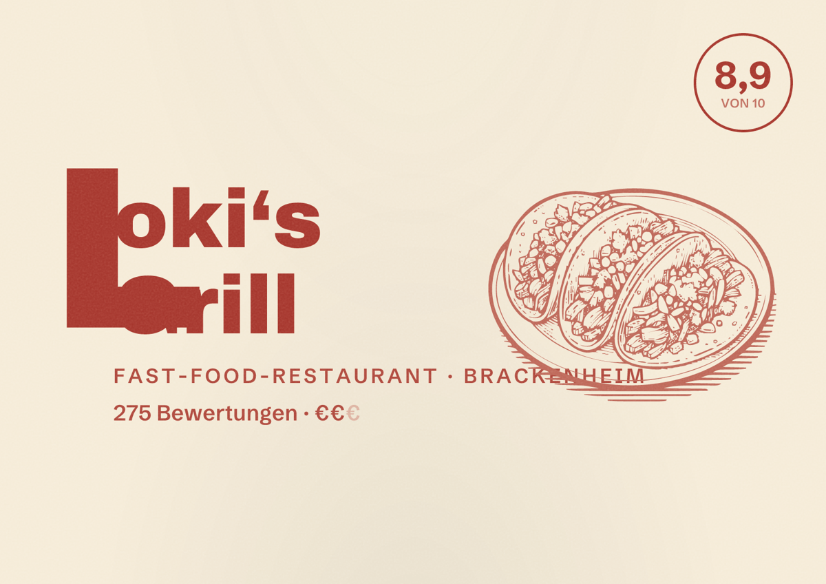 Illustriertes Poster von Loki‘s Grill, Fast-Food-Restaurant in Brackenheim: Bewertung 8,9 von 10 aus 275 Bewertungen, Preisniveau €€
