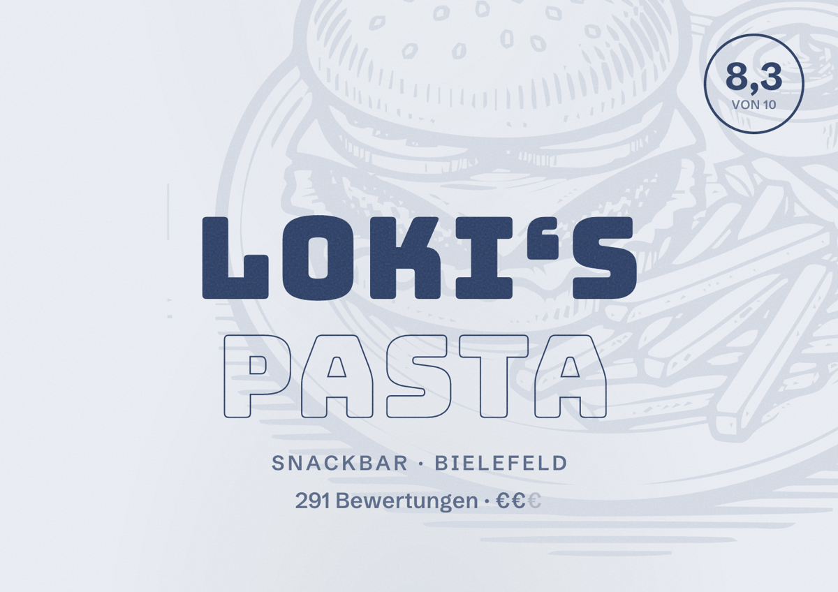 Illustriertes Poster von Loki‘s Pasta, Snackbar in Bielefeld: Bewertung 8,3 von 10 aus 291 Bewertungen, Preisniveau €€