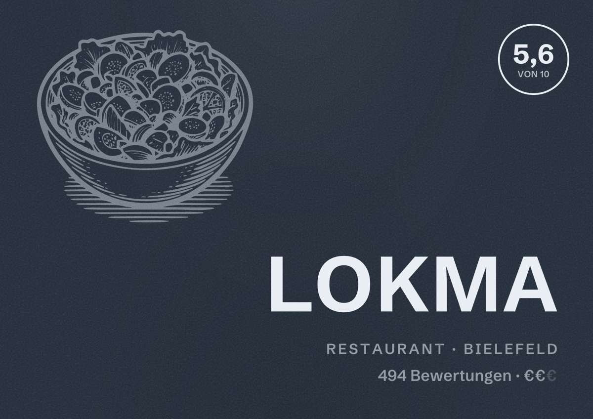 Illustriertes Poster von LOKMA, Restaurant in Bielefeld: Bewertung 5,6 von 10 aus 494 Bewertungen, Preisniveau €€