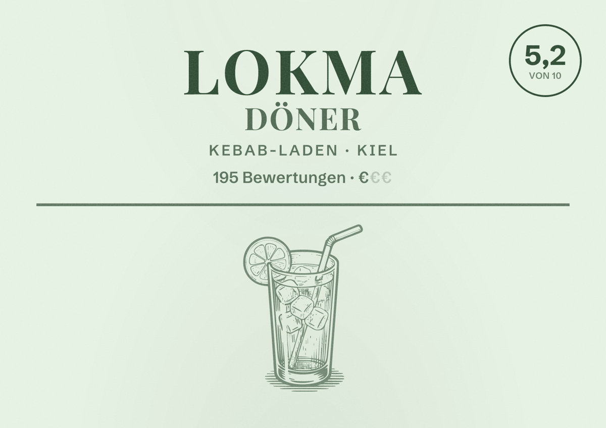 Illustriertes Poster von Lokma Döner, Kebab-Laden in Kiel: Bewertung 5,2 von 10 aus 195 Bewertungen, Preisniveau €