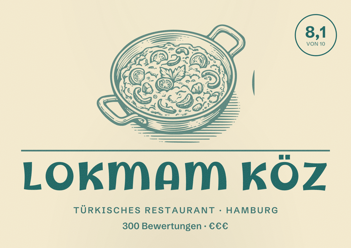 Illustriertes Poster von LOKMAM KÖZ, Türkisches Restaurant in Hamburg: Bewertung 8,1 von 10 aus 300 Bewertungen, Preisniveau €€€