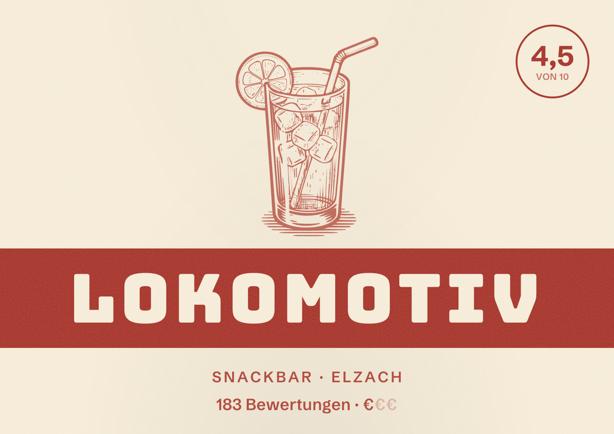 Illustriertes Poster von Lokomotiv, Snackbar in Elzach: Bewertung 4,5 von 10 aus 183 Bewertungen, Preisniveau €