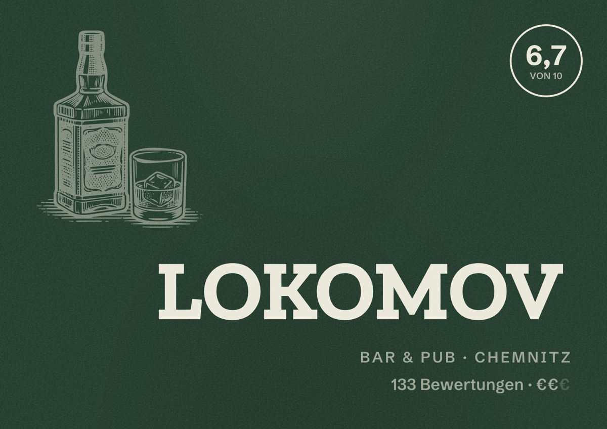 Illustriertes Poster von LOKOMOV, Bar & Pub in Chemnitz: Bewertung 6,7 von 10 aus 133 Bewertungen, Preisniveau €€