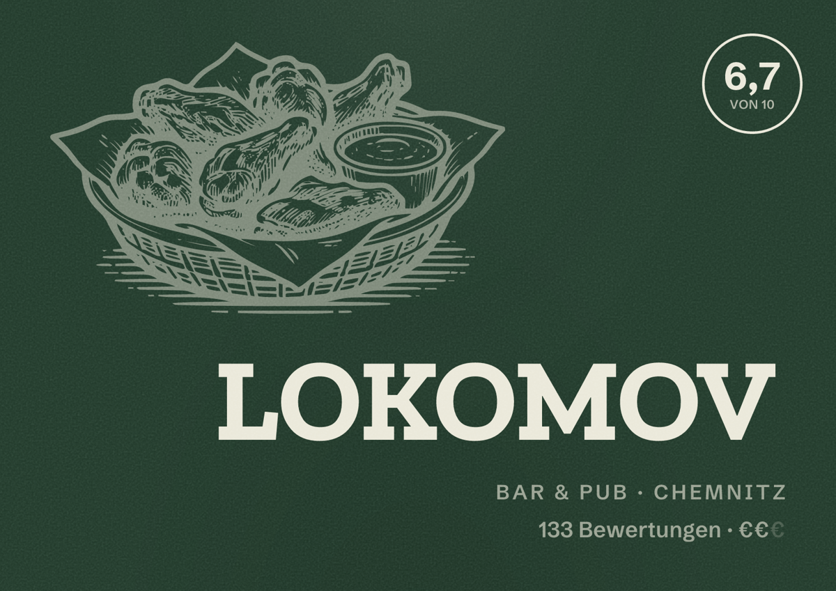 Illustriertes Poster von LOKOMOV, Bar & Pub in Chemnitz: Bewertung 6,7 von 10 aus 133 Bewertungen, Preisniveau €€