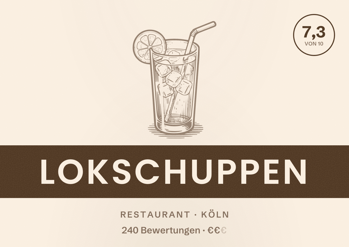 Illustriertes Poster von Lokschuppen, Restaurant in Köln: Bewertung 7,3 von 10 aus 240 Bewertungen, Preisniveau €€